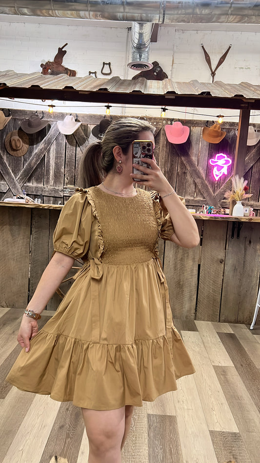Tan Puff Sleeves & Tie Bow on Side Dress