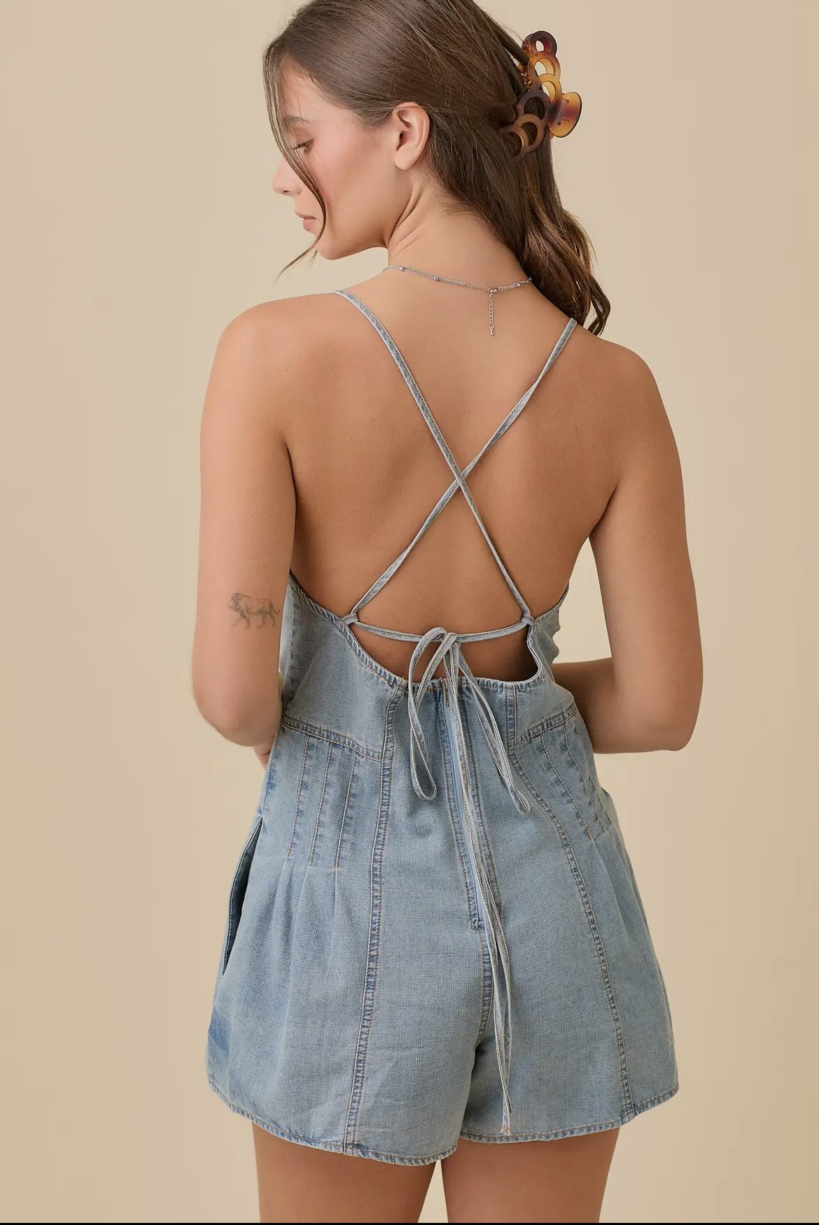 Denim Strap Tie with Ribbon Bow Detailing