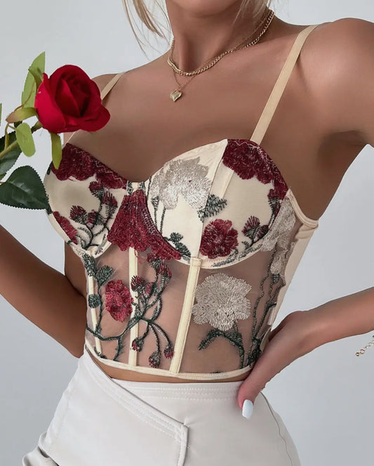 Ladies Sexy Rose Embroidery See Sheer Corset