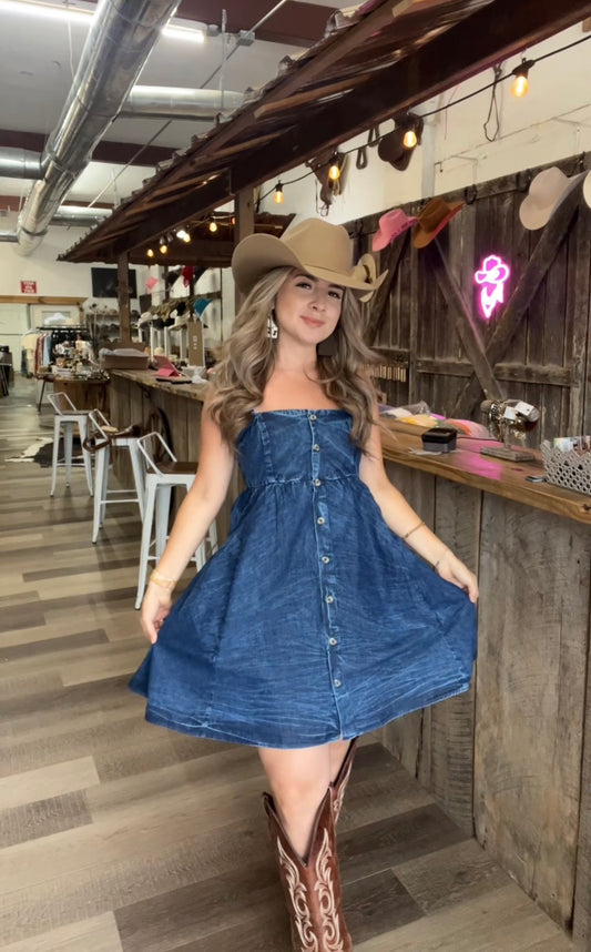 Strap Button Up Denim Dress