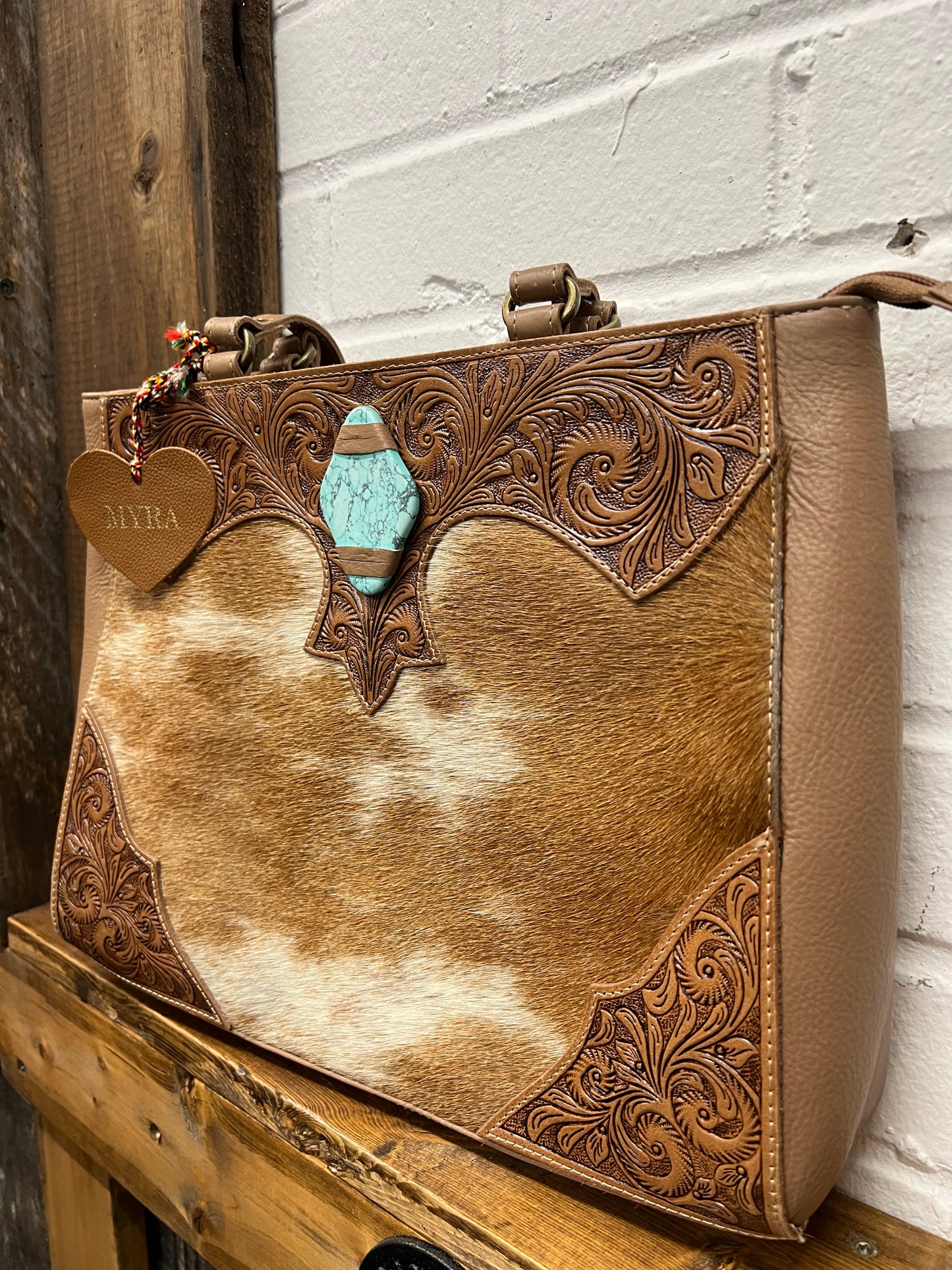 Tan & Turquoise Club Hand Tooled Bag