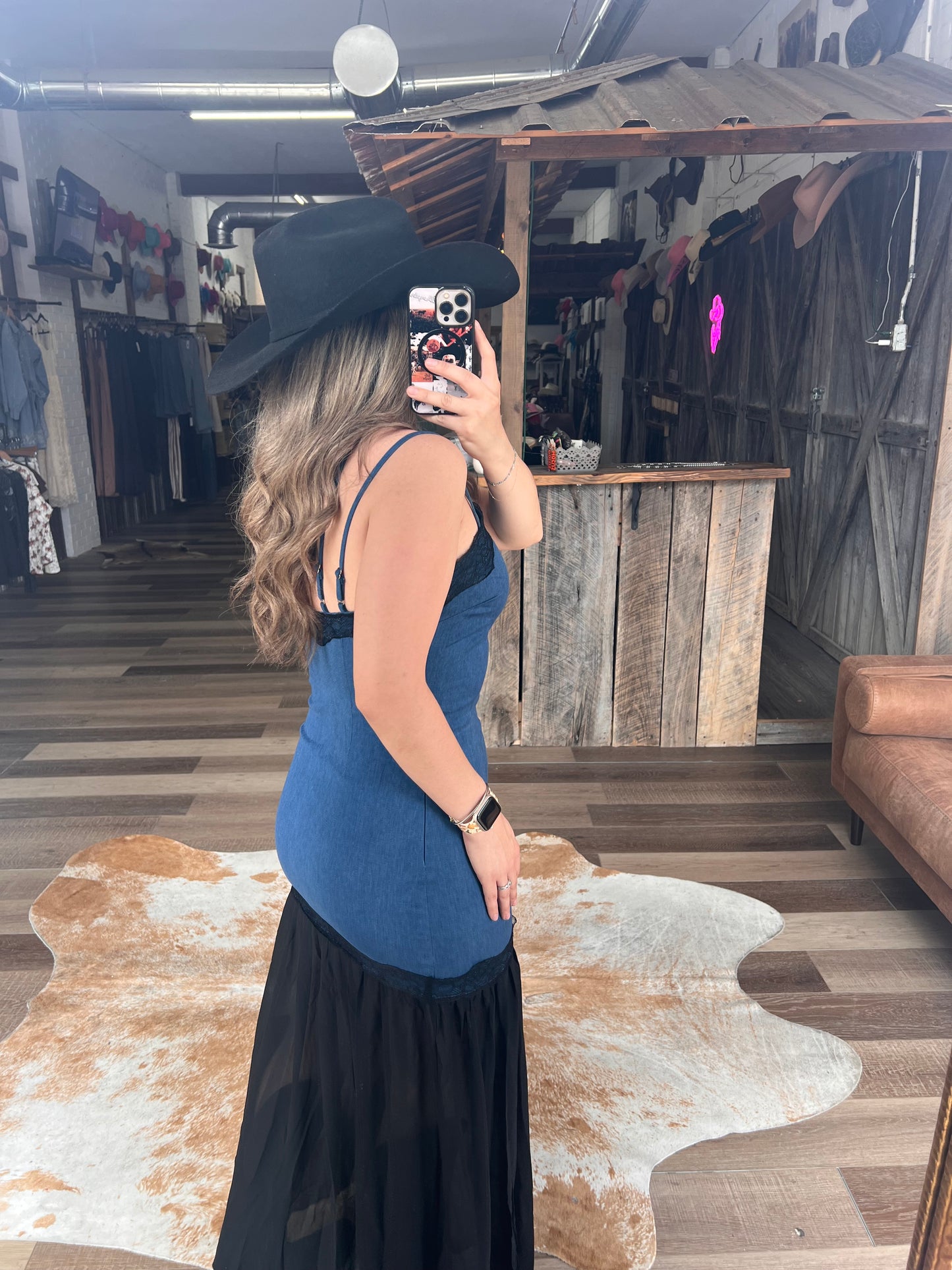 The Denim Maxi Mesh Lace Dress