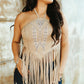 Sand Suede Halter Fringe Top W Boot Stitch Embroidered