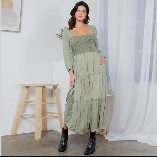 Olive Boho Embroidered Empire Dress