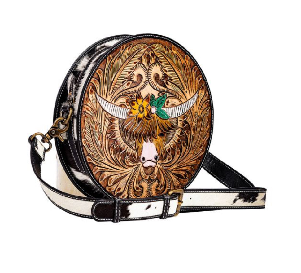 BLOOMIN' STEER HAND-TOOLED ROUND BAG