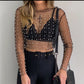 Pearl Rhinestone Studded Mesh Crop Top