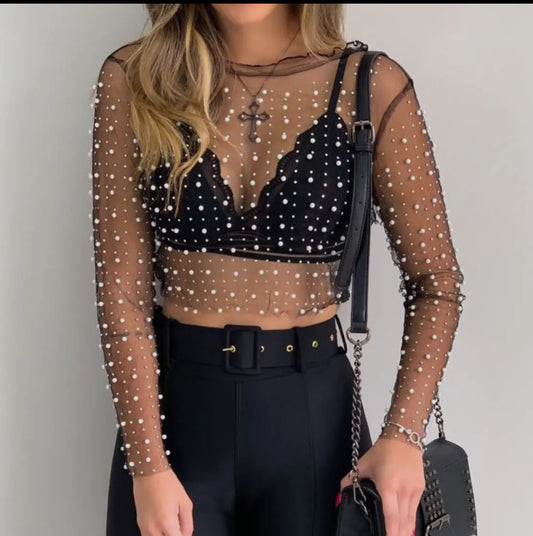 Pearl Rhinestone Studded Mesh Crop Top