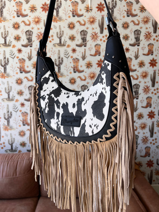 Wrangler Black CowPrint Fringe Shoulder Hobo Bag