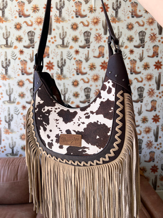 Wrangler Coffee CowPrint Fringe Shoulder Hobo Bag