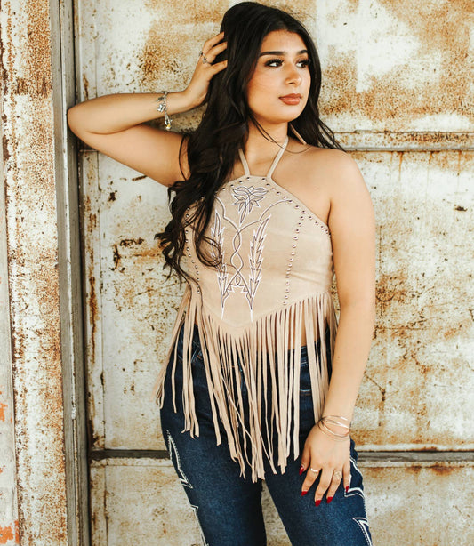 Sand Suede Halter Fringe Top W Boot Stitch Embroidered