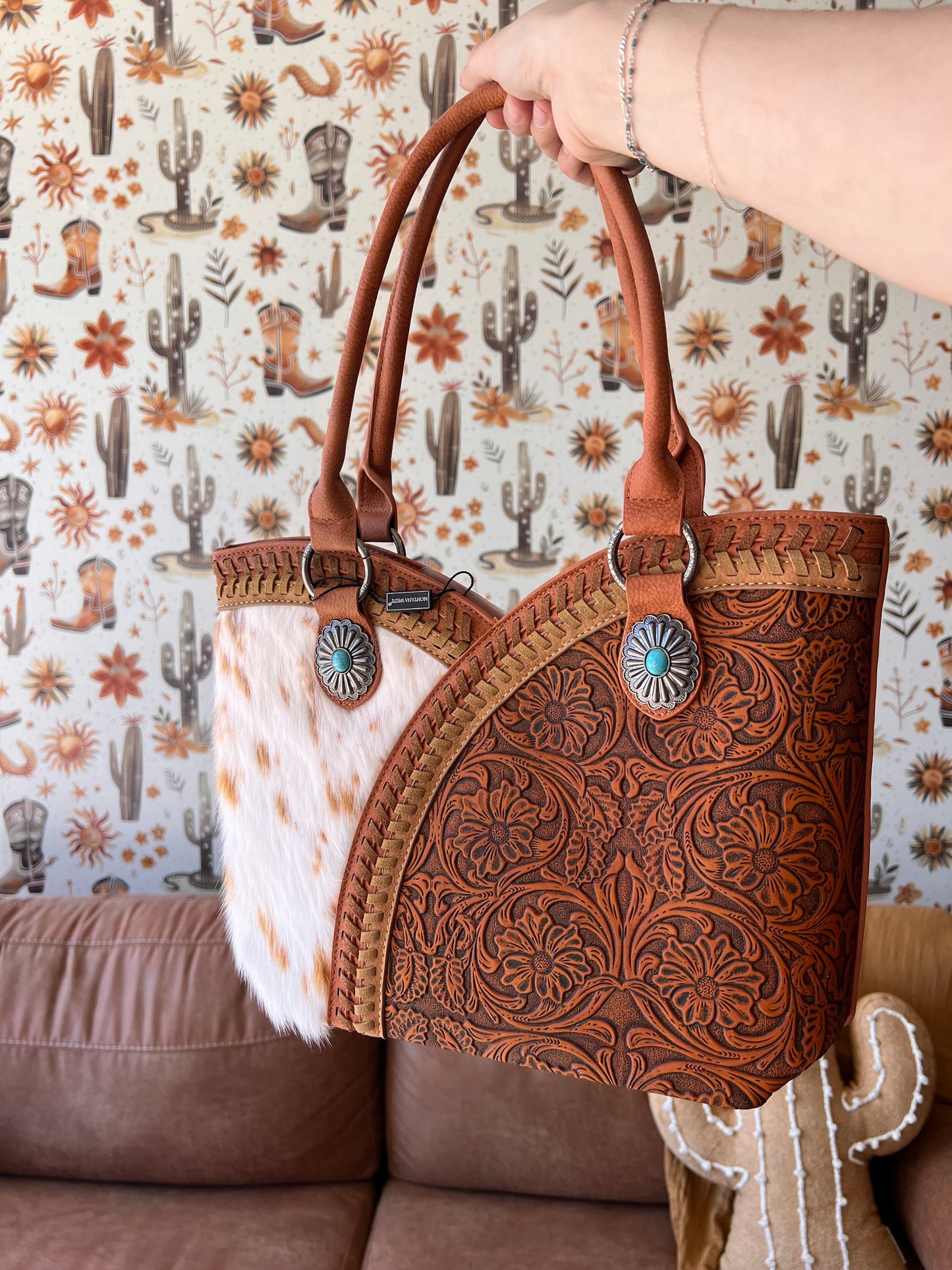 Montana West Tooled & Cowhide Whipstitch