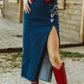 Dark Denim Stretch Buckle Slit Skirt