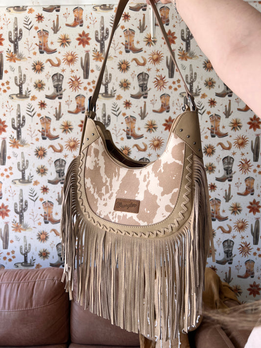 Wrangler Tan CowPrint Fringe Shoulder Hobo Bag