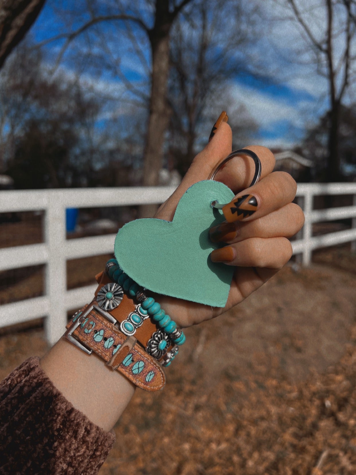 Heart Cowhide Keychain w/ Turquoise.