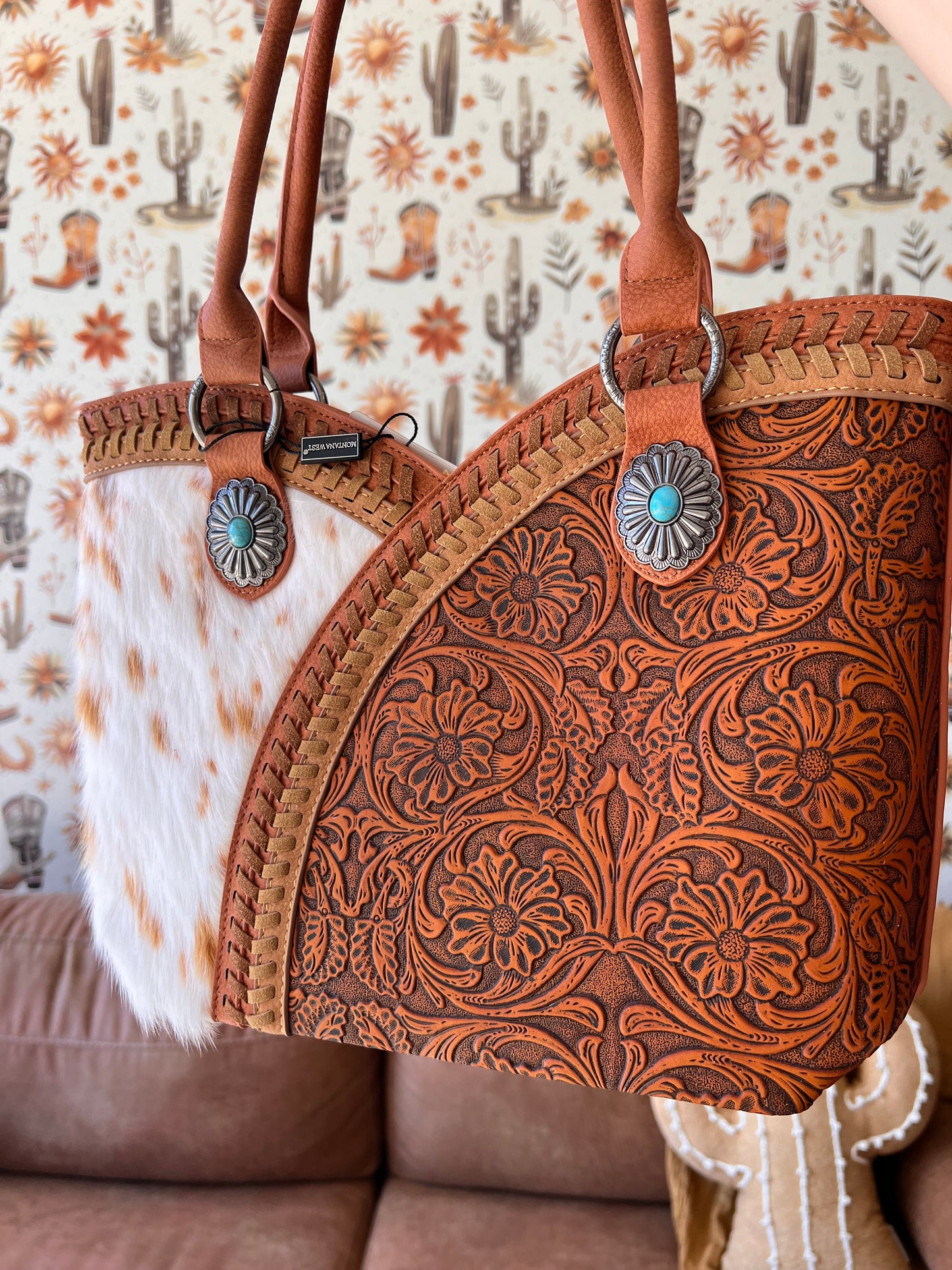 Montana West Tooled & Cowhide Whipstitch