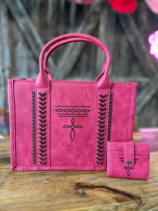 Montana West Whipstitch Concealed Carry Tote With Matching Bi-Fold Wallet- Hot Pink