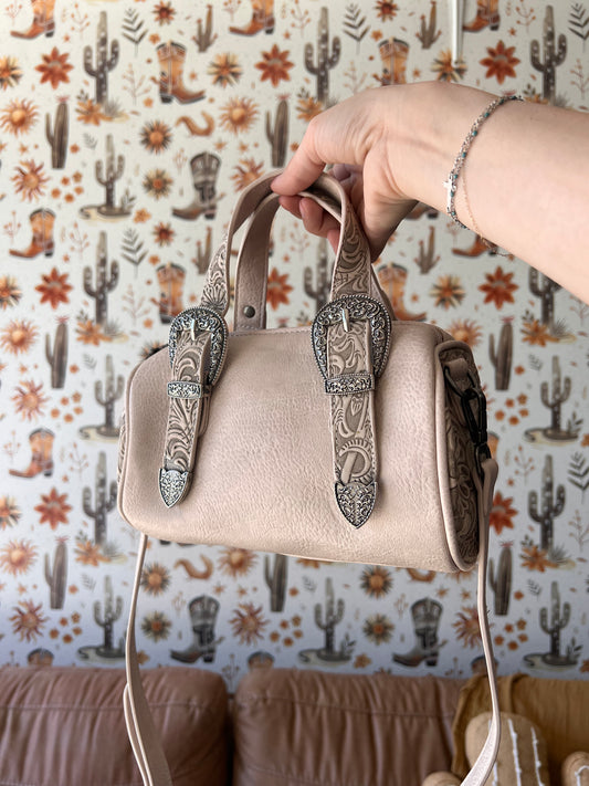 Montana West Tooled Buckle Mini Barrel Crossbody Beige Bag