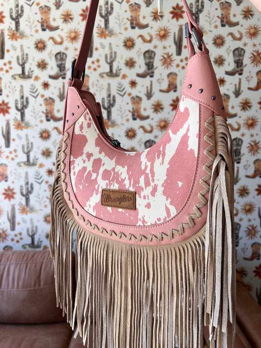 Wrangler Pink CowPrint Fringe Shoulder Hobo Bag