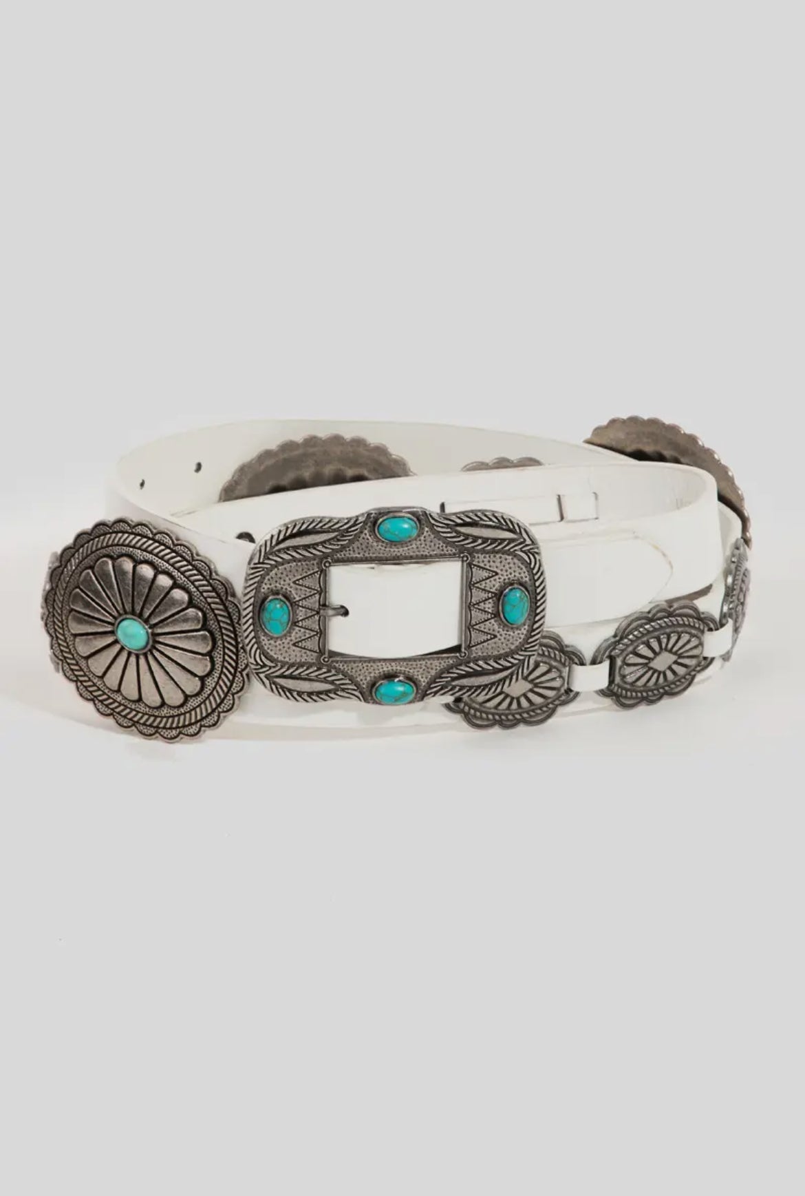 White & Turquoise Faux Leather Concho Western Belt