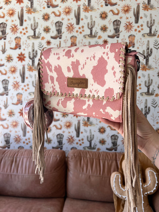Wrangler Cow-print Fringe Crossbody Pink Bag
