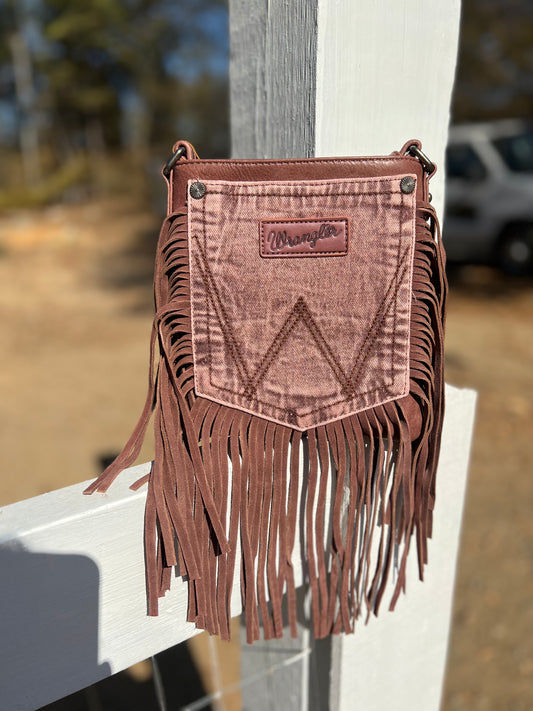 Coffee Wrangler Leather Fringe Jean Denim Pocket Crossbody