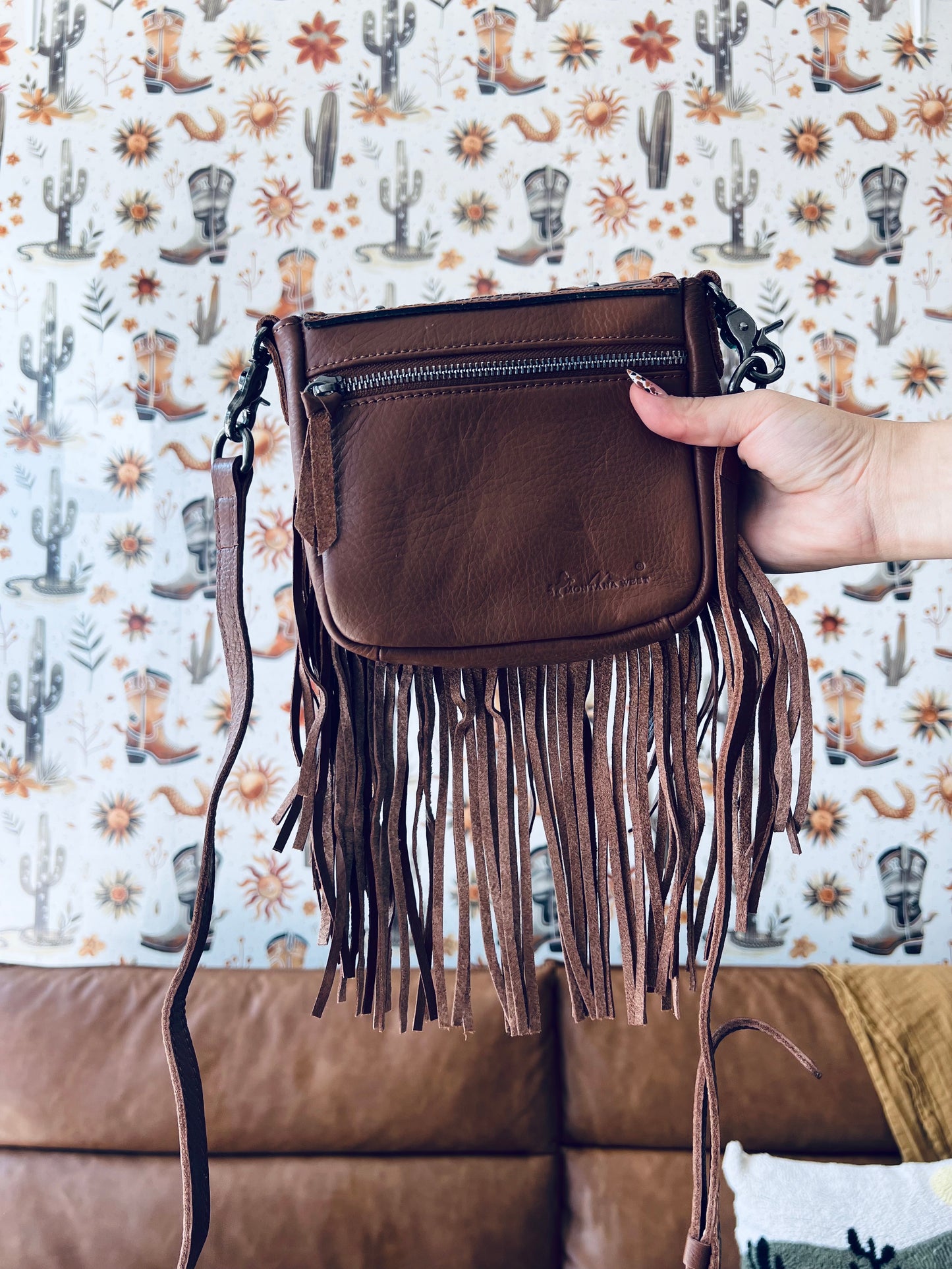 Montana West Genuine Leather Tooled Collection Fringe Crossbody Bag