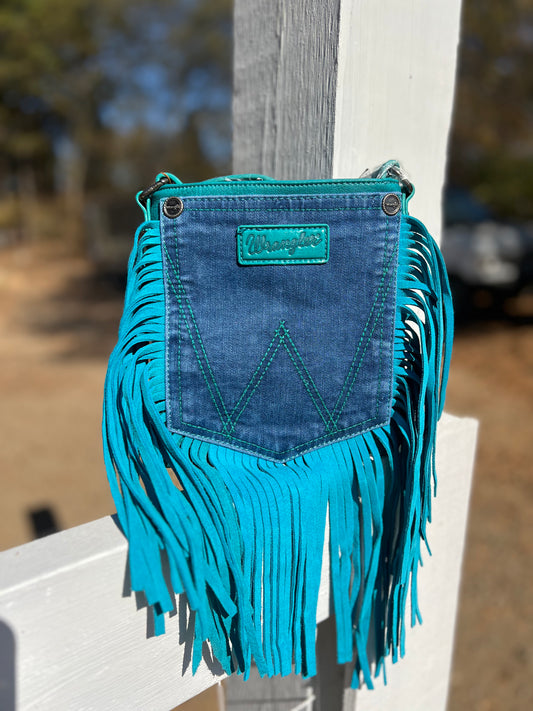 Turquoise  Wrangler Leather Fringe Jean Denim Pocket Crossbody