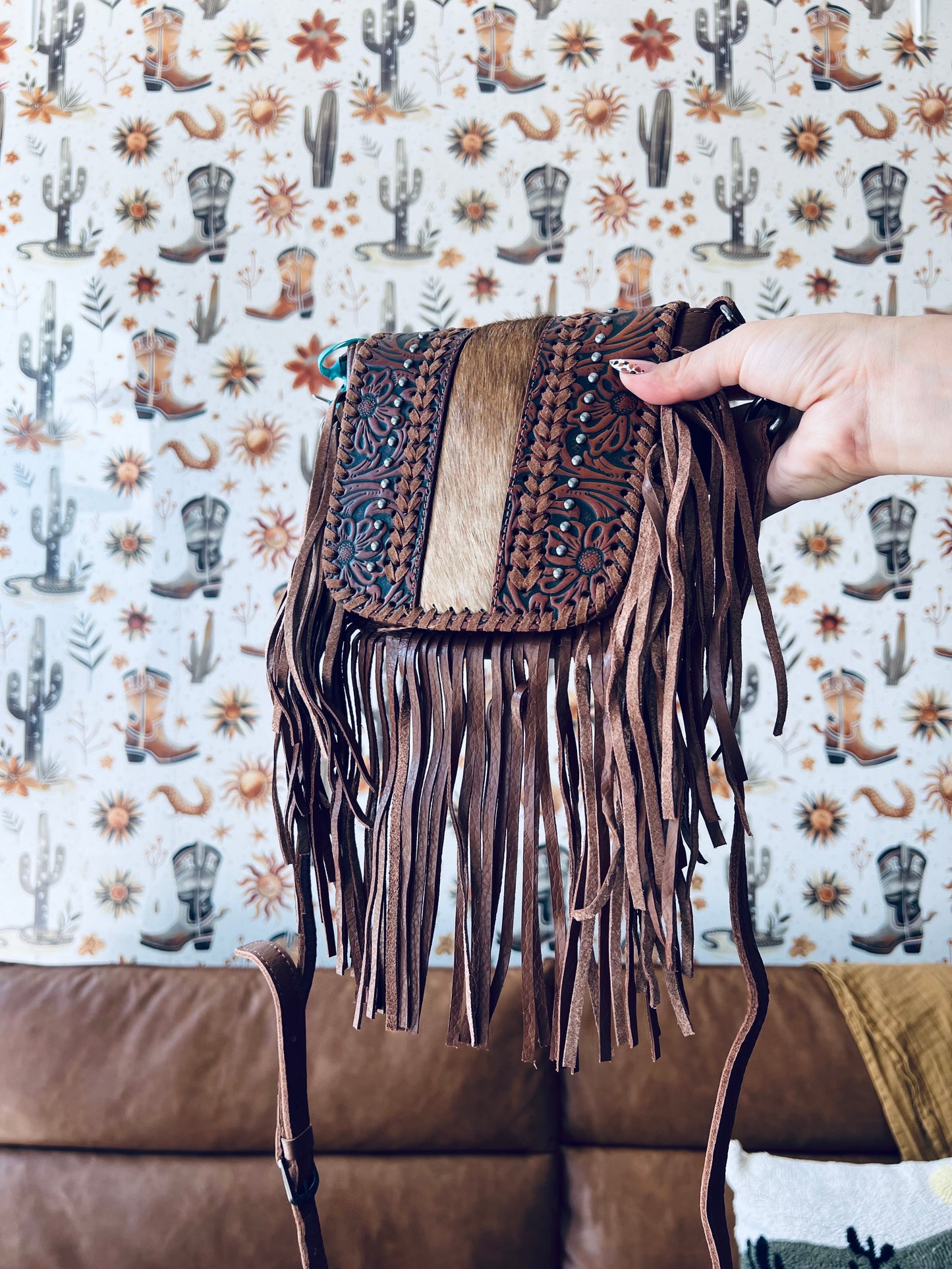 Montana West Genuine Leather Tooled Collection Fringe Crossbody Bag