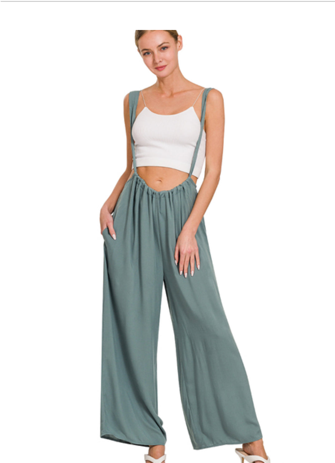 Ash Jade- Woven Tie Back Suspender Jumpsuit with Pockets