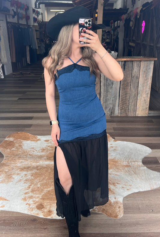 The Denim Maxi Mesh Lace Dress
