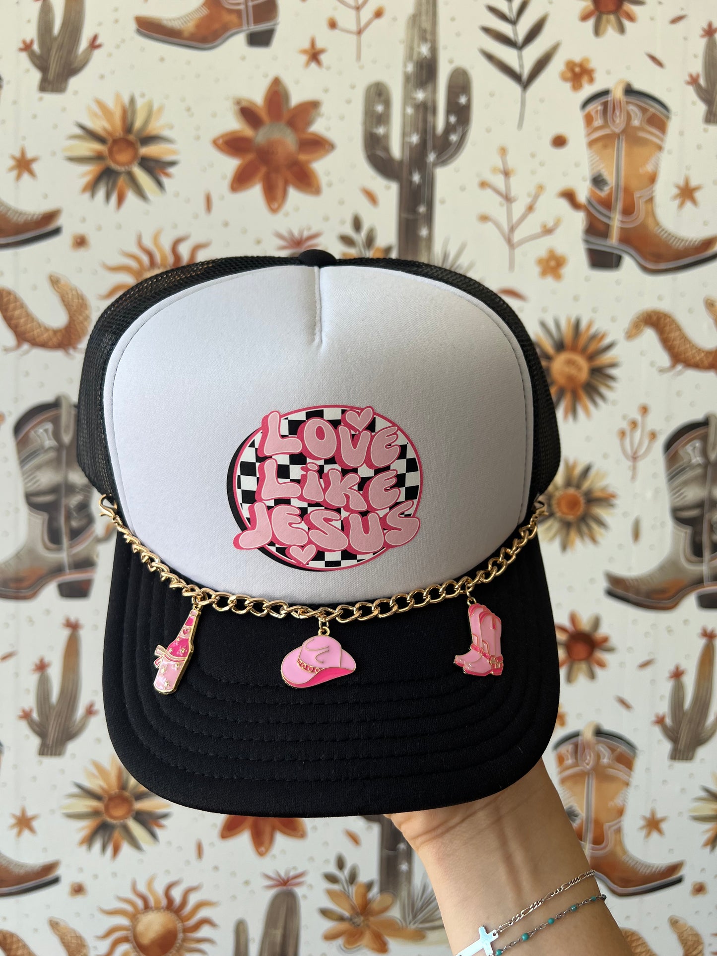 Checkered Love Like Jesus Trucker Hat & Cowgirl Chain