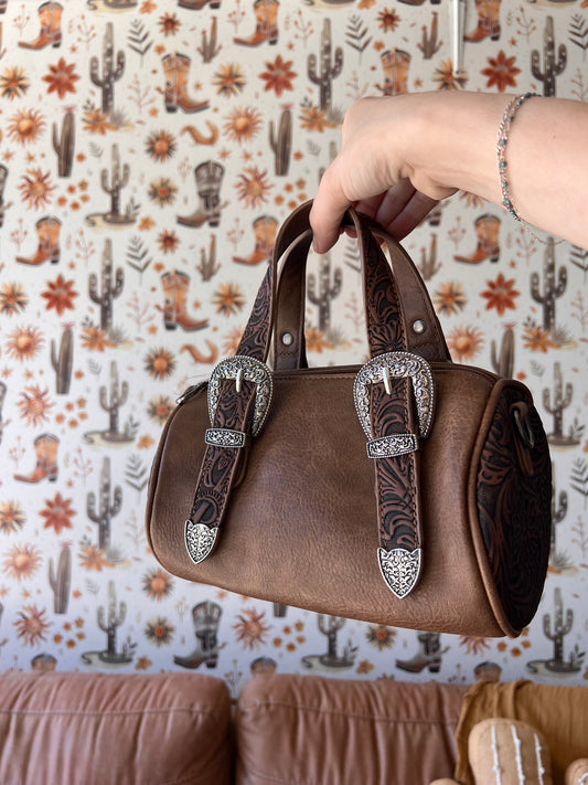 Montana West Tooled Buckle Mini Barrel Crossbody Brown Bag