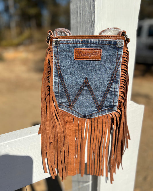 Wrangler Leather Fringe Jean Denim Pocket Crossbody