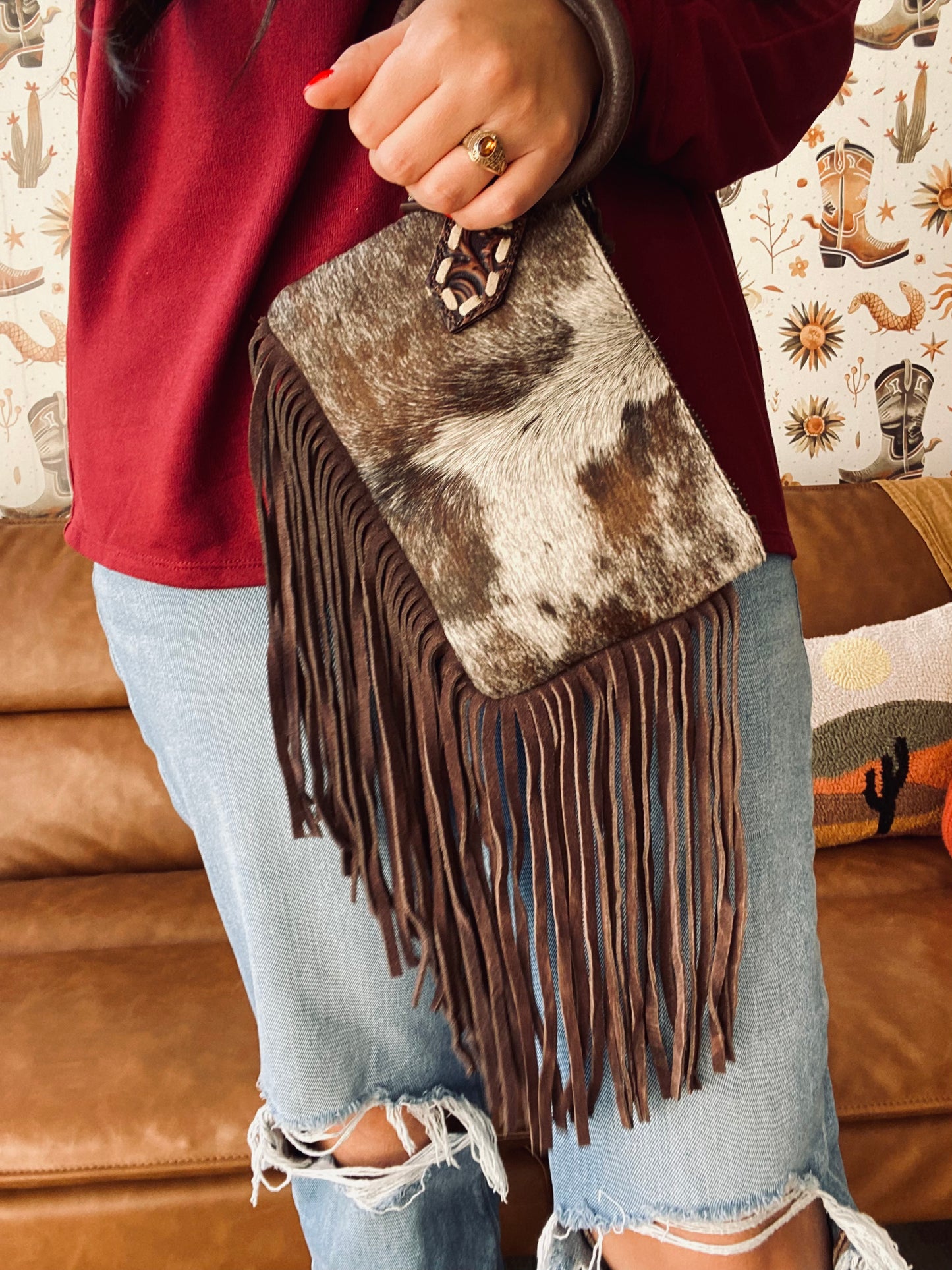 Dark Brown Fringe Cowhide Wristlet